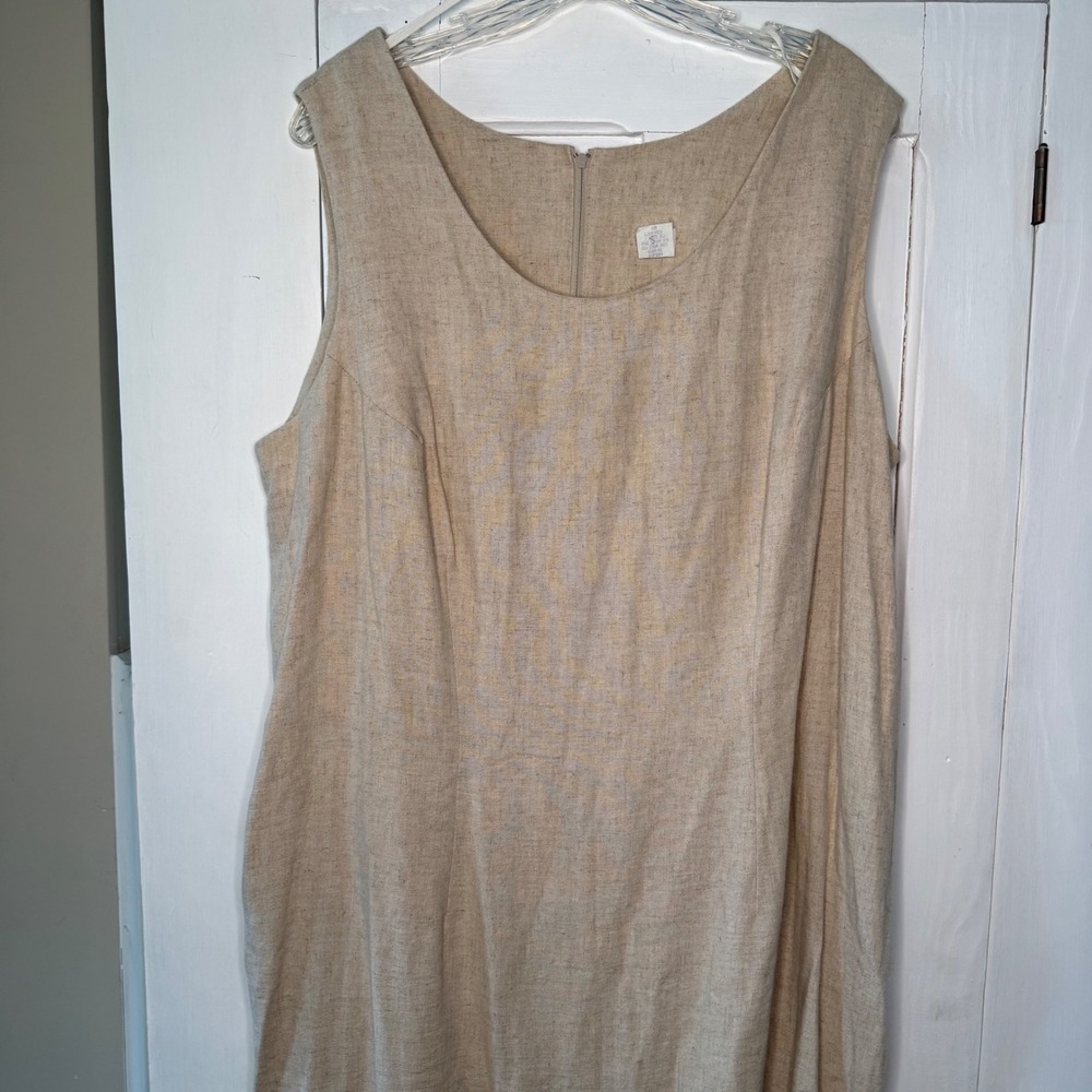 Vintage Linen Blend Dress Sleeveless Maxi Sheath Beige Women's 18W Made in USA